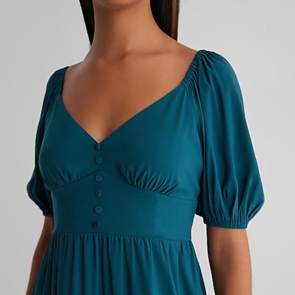 Express V-Neck Puff Sleeve Button Front Tie Back Midi Dress - Picture 4 of 7